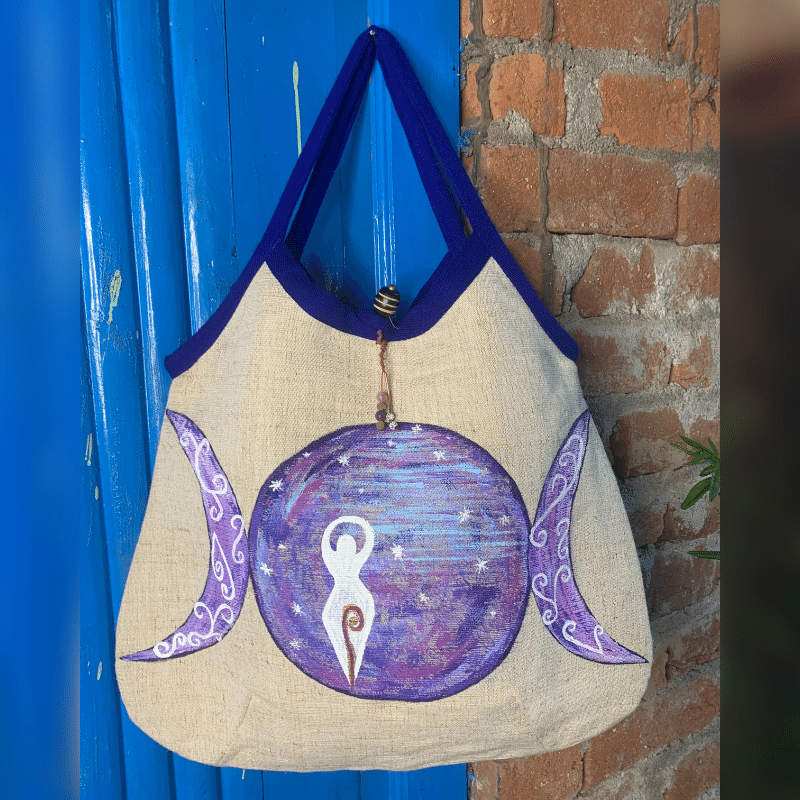 Triple moon Goddess, Hand painted Hemp bag