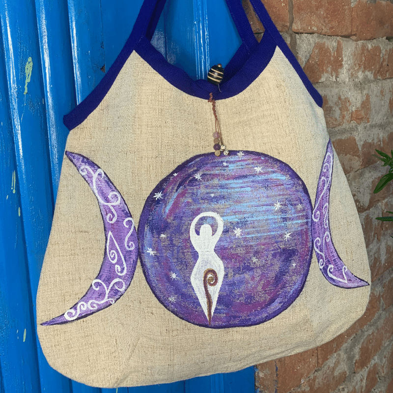 Triple moon Goddess, Hand painted Hemp bag