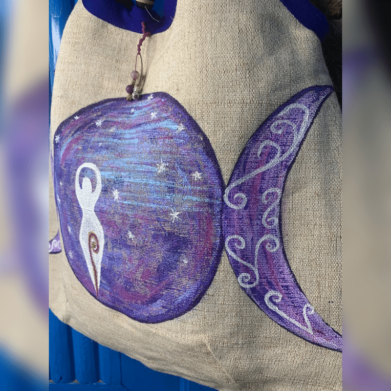 Triple moon Goddess, Hand painted Hemp bag