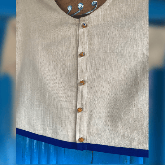 Well-being/ yellow square glass buttons with blue lace Hemp top